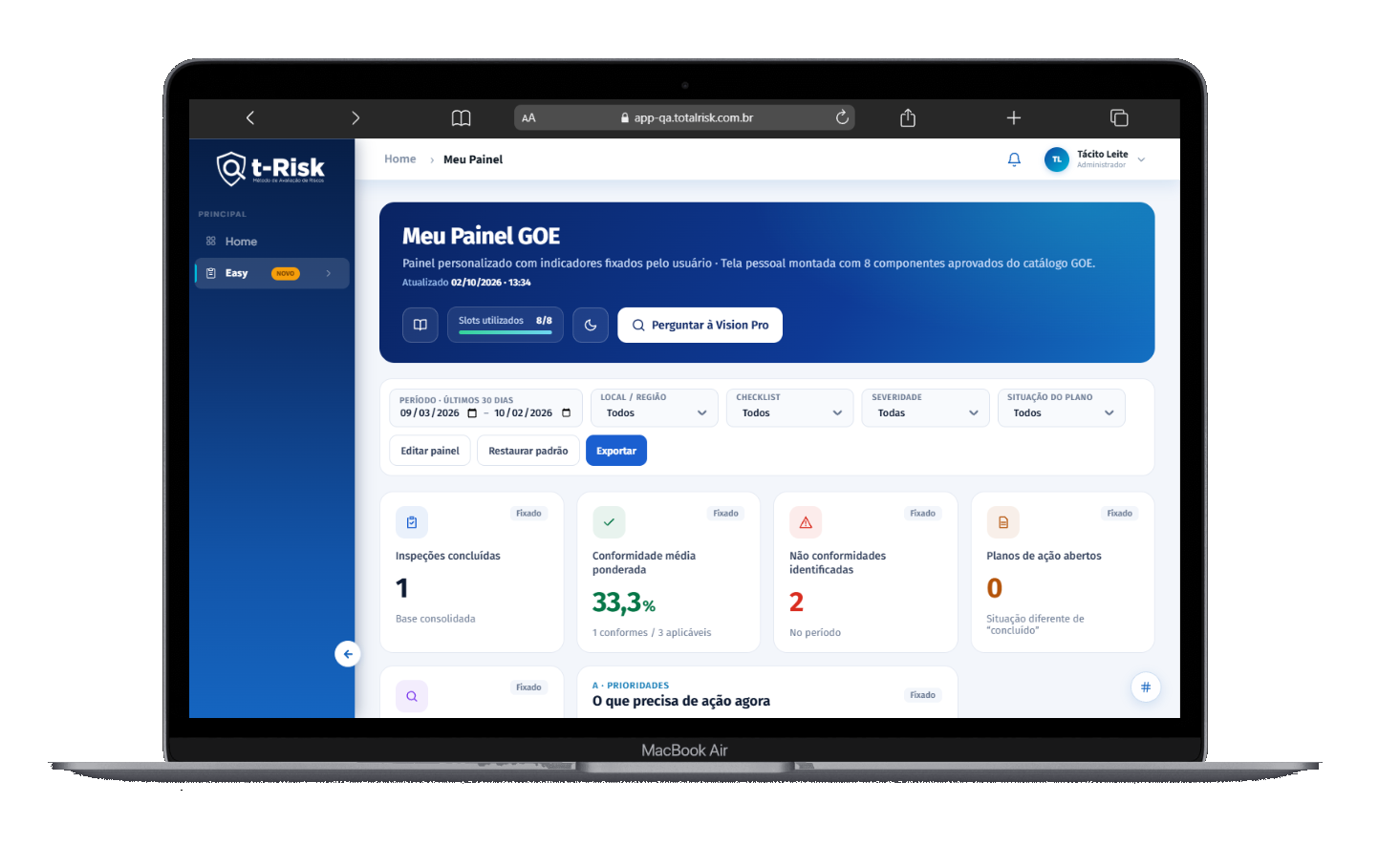 Painel GOE do t-Risk Easy em um laptop