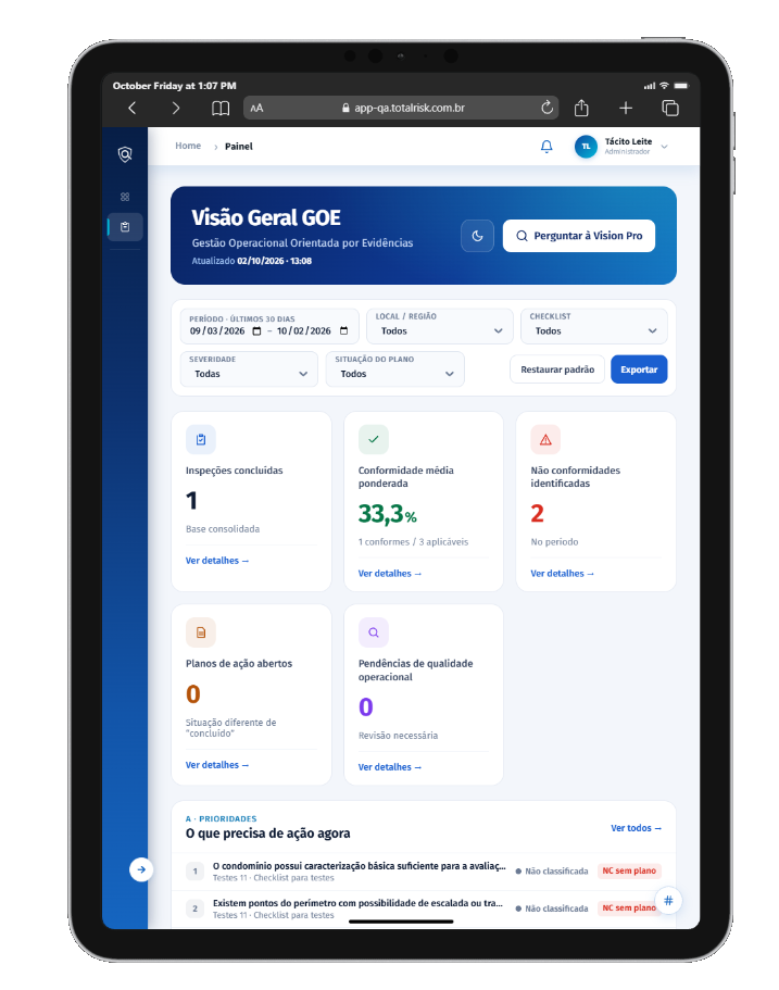 Painel GOE do t-Risk Easy em um tablet